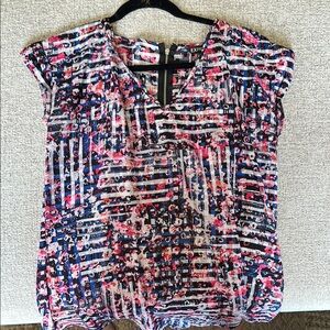 Express Red and White Cap Sleeve Graphic Blouse